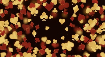 Floating poker card suits in gold and red on dark background
