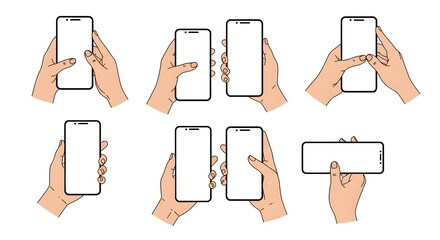 Various hand-drawn illustrations showing hands holding smartphones at different angles