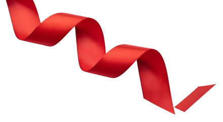 A flowing vibrant red satin ribbon elegantly curves and twists in a dynamic serpentine shape isolated on transparent background