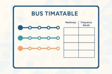 Minimalist bus timetable chart with colorful route lines and empty schedule grid on light geometric background, ideal for creative transport design concepts. Ai generative