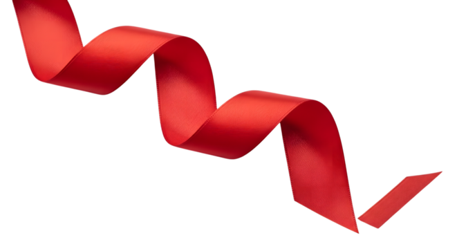 A flowing vibrant red satin ribbon elegantly curves and twists in a dynamic serpentine shape isolated on transparent background