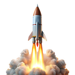 Futuristic rocket launching into space with bright flames and smoke isolated on transparent background