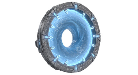 Glowing blue portal with rough textured outer rim isolated on transparent background