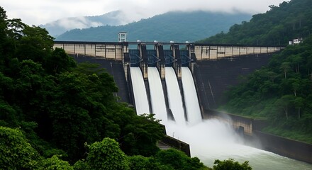 Hydroelectric Power Dam Cascading Water Through Concrete Spills Surrounded By Forest At Background Hills