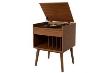Mid century modern record player cabinet playing vinyl