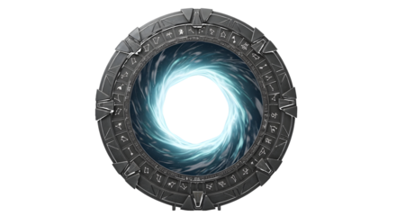 Mysterious oval portal with glowing blue energy vortex and ancient stone frame isolated on transparent background