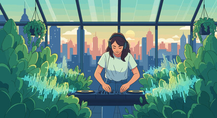 Creative dj mixing music in urban greenhouse with cityscape view, digital art