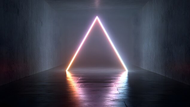 Illuminated geometric neon triangle shape glowing with vibrant pink and blue hues reflected on a wet surface