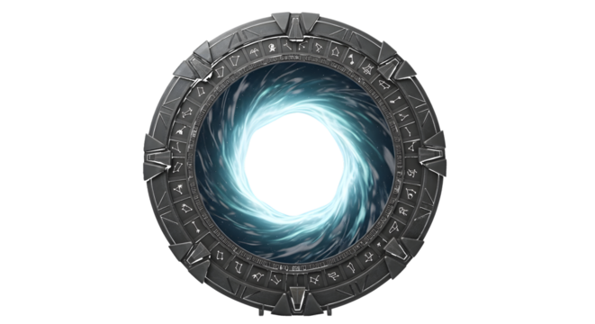 Mysterious oval portal with glowing blue energy vortex and ancient stone frame isolated on transparent background