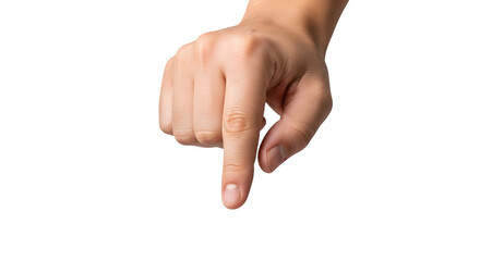Close up of a human hand pointing downwards with index finger isolated on transparent background