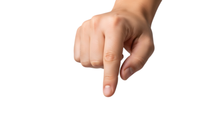 Close up of a human hand pointing downwards with index finger isolated on transparent background