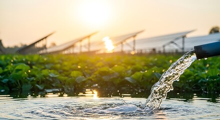 Water Pumping From Pipe Near Solar Panel Array On Agriculture Field Against Sunrise Sky