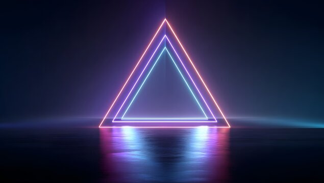 Illuminated geometric neon triangle shape glowing with vibrant pink and blue hues on a dark reflective surface