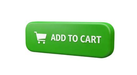 Green 3d add to cart button with shopping cart icon and text isolated on transparent background