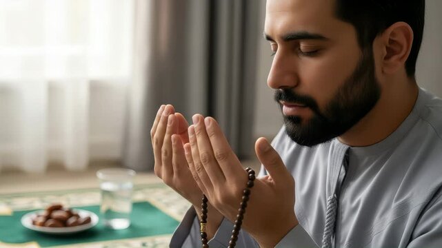 Muslim man praying with prayer beads during ramadan at home indoors video generative ai
