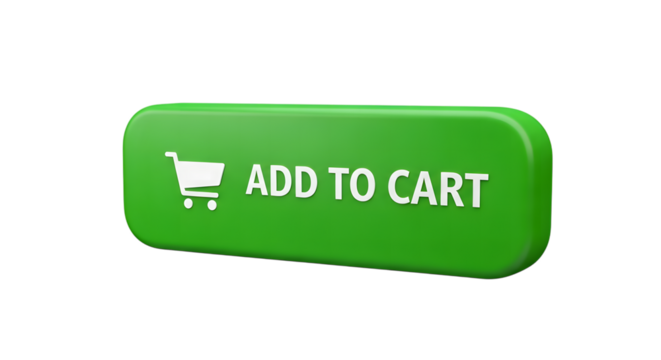 Green 3d add to cart button with shopping cart icon and text isolated on transparent background