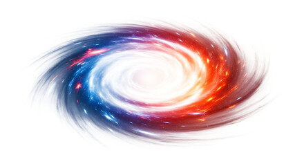 Vibrant swirling galaxy with red and blue nebulas and stars isolated on transparent background