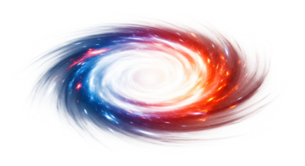 Vibrant swirling galaxy with red and blue nebulas and stars isolated on transparent background