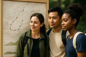 Group of hikers standing near a topographic trail map in forest background, planning travel route and enjoying outdoor adventure together. Ai generative