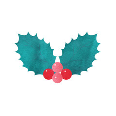クリスマスに使える柊の葉（2枚）と赤い実の手描き水彩イラスト