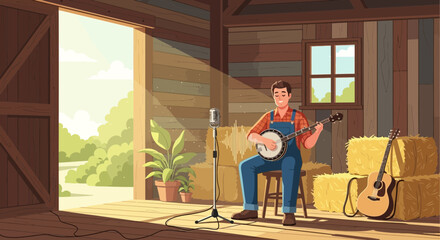 Fototapeta premium Banjo player capturing rural soundscapes inside rustic countryside barn setting