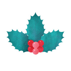 クリスマスに使える柊の葉（3枚）と赤い実の手描き水彩イラスト