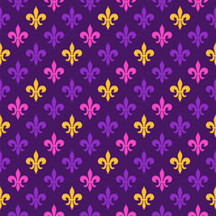 Mardi Gras Seamless Pattern with Fleur de Lys. Purple, Pink, Yellow Vector Background with Carnival Festive Symbol. 
