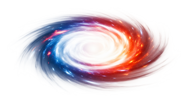 Vibrant swirling galaxy with red and blue nebulas and stars isolated on transparent background