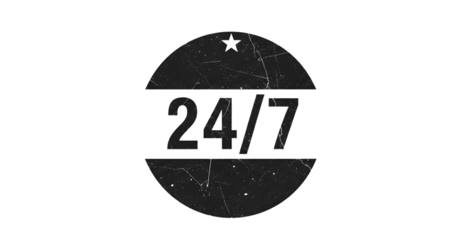 Distressed grunge oval emblem with 24 7 text symbol isolated on transparent background