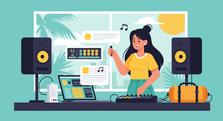 Fototapeta premium Woman creatively composing music using technology in a vibrant, modern studio setting