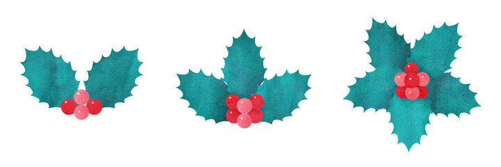 クリスマスに使える柊の葉と赤い実の手描き水彩イラストセット