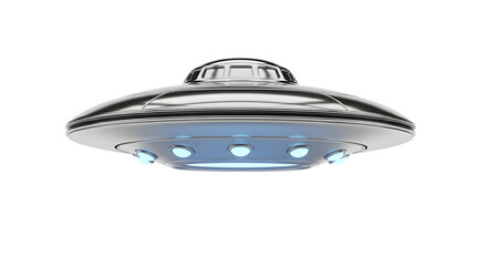 Futuristic metallic flying saucer with glowing blue lights isolated on transparent background
