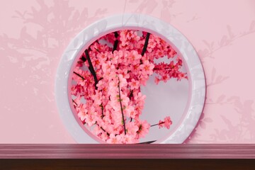 3d wooden tabletop with marble round window and cherry blossom backdrop. romantic spring luxury concept. clean studio with soft daylight for product branding display. 3d render.
