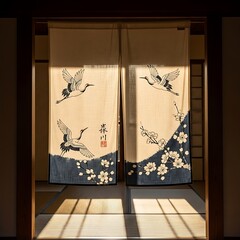 Japanese Noren Curtain with Crane Design in Traditional Setting.
