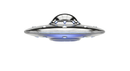 Futuristic silver flying saucer with glowing blue lights isolated on transparent background