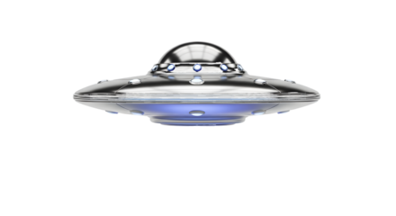 Futuristic silver flying saucer with glowing blue lights isolated on transparent background