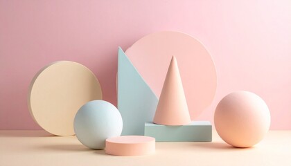 Pastel geometric shapes—cone, spheres, cylinder, triangle—arranged artistically on soft pink background.