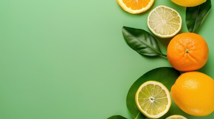 Fresh Citrus Fruits on Green Background with Slices of Orange, Lemon and Lime and Green Leaves Decoratively Arranged