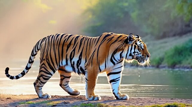 A tiger walking near water with a nature background in a bright and sunny atmosphere outside tiger video