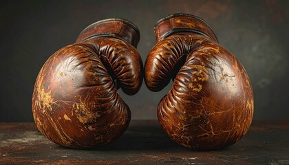 Vintage brown leather boxing gloves facing each other on dark textured background, worn and symbolic.