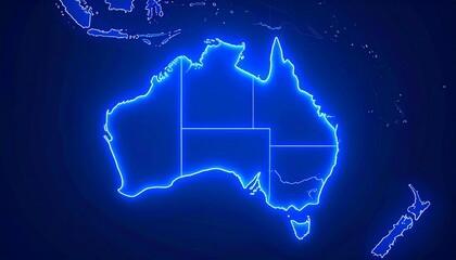 Obraz premium Electric Blue Australia, A Neon Glow Map of the Oceania Continent and Surrounding Islands