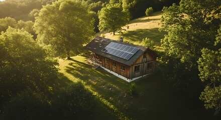 Cabin With Solar Panels On Roof Top Amidst Lush Green Trees Energy Efficiency Sustainability Concept
