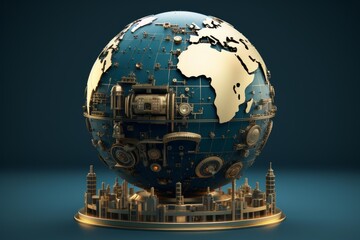 Intricate steampunk inspired earth globe rotating on a golden city platform, showcasing the fusion of nature and technology