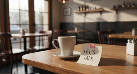 Cozy cafe scene with mug, note "Let's talk," and natural light