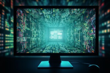 Server room computer monitor showing complex digital information flow as a three dimensional tunnel