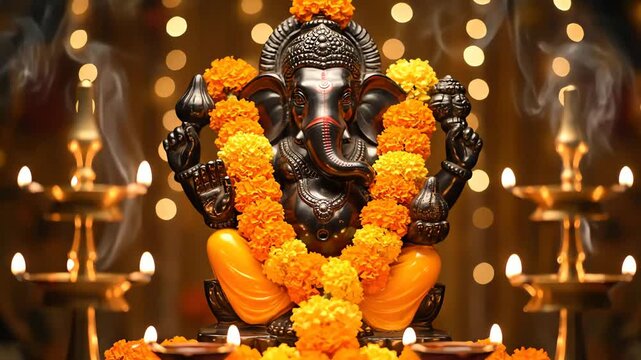 lord ganesha idol worship with lit oil lamps decorations
