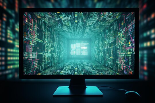 Server room computer monitor showing complex digital information flow as a three dimensional tunnel - Powered by Adobe
