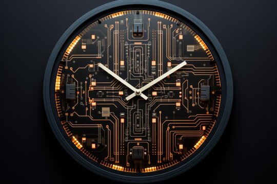 Close up of a round clock with a printed circuit board design, combining technology and timekeeping