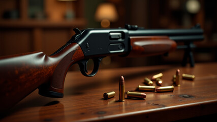 Shotgun lying on wooden table with scattered shells after recent use
