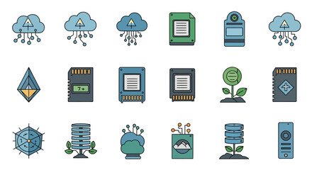 Colorful Illustrated Icons Representing Technology Data and Cloud Computing